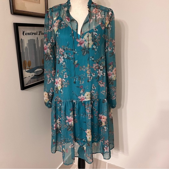 Anthropologie Mauve V-Neck Bishop Sleeve Sundress with spaghetti strap slip SZ S - Picture 1 of 5